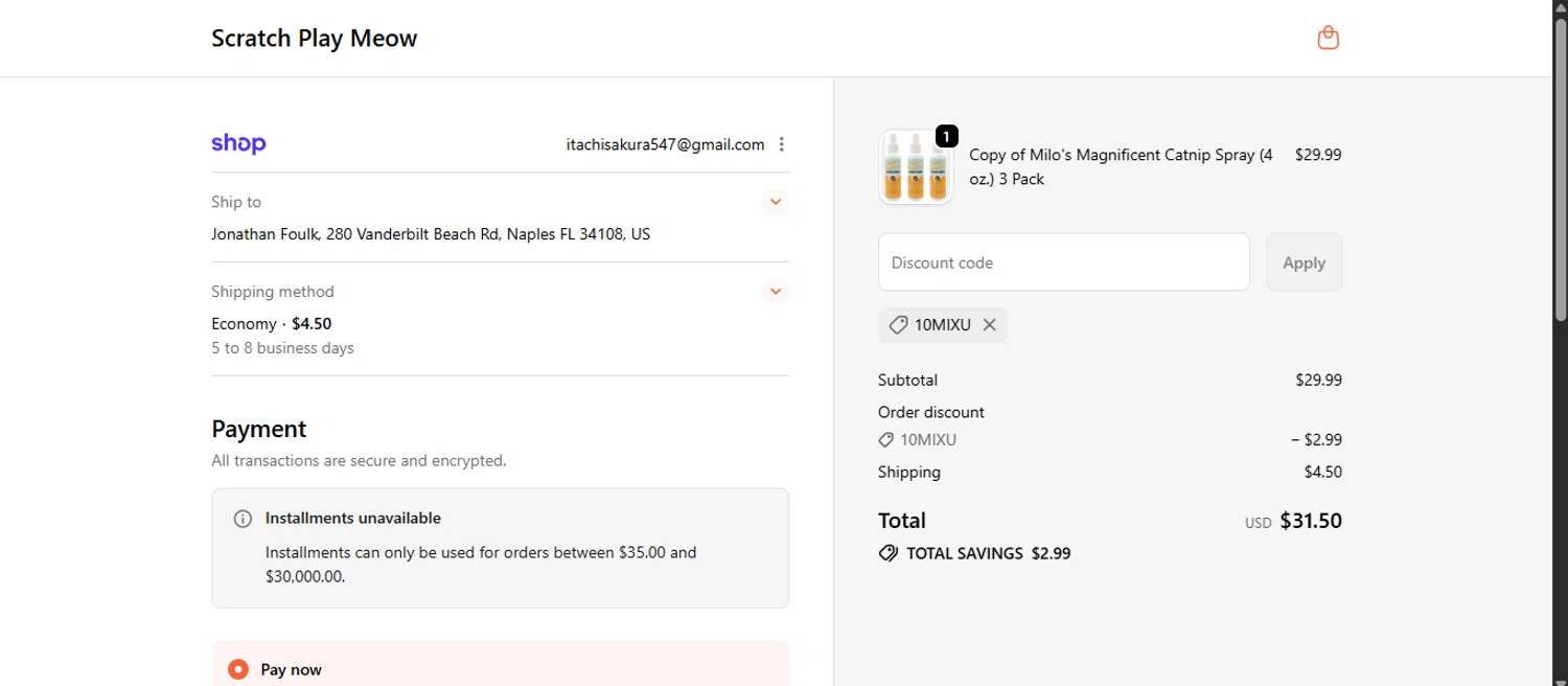 Scratch Play Meow promo code screenshot showing code 10MIXU applied at Scratch Play Meow checkout page. Uploaded by SimplyCodes community member noworries on Jan 11, 2026