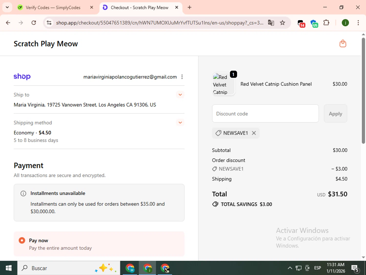 Scratch Play Meow promo code screenshot showing code NEWSAVE1 applied at Scratch Play Meow checkout page. Uploaded by SimplyCodes community member SavingsCollector2592 on Jan 11, 2026