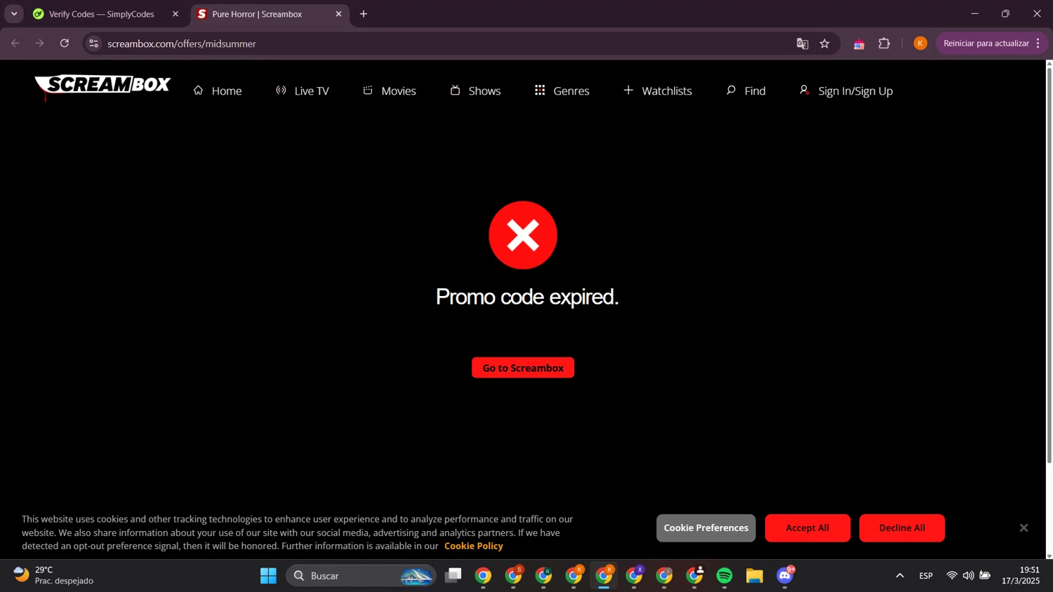 Screambox promo code screenshot showing code midsummer applied at Screambox checkout page. Uploaded by SimplyCodes community member davidsalazar on Mar 17, 2025