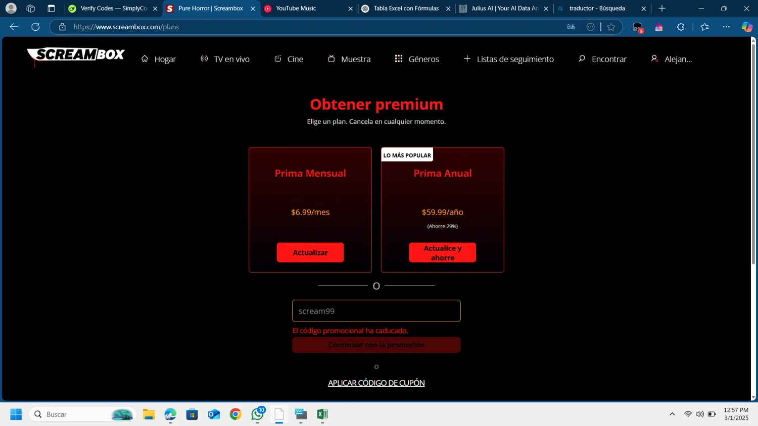 Screambox promo code screenshot showing code scream99 applied at Screambox checkout page. Uploaded by SimplyCodes community member Lamine_Yamal on Mar 1, 2025