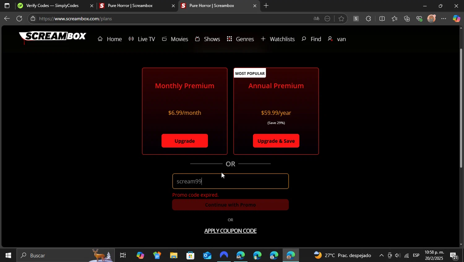Screambox promo code screenshot showing code scream99 applied at Screambox checkout page. Uploaded by SimplyCodes community member ShieldEagle9436 on Feb 21, 2025