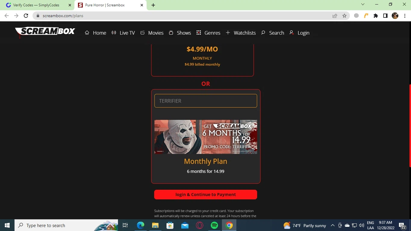 Screambox checkout page showing Screambox promo code box | Screenshot taken by SimplyCodes community member on Dec 28, 2022