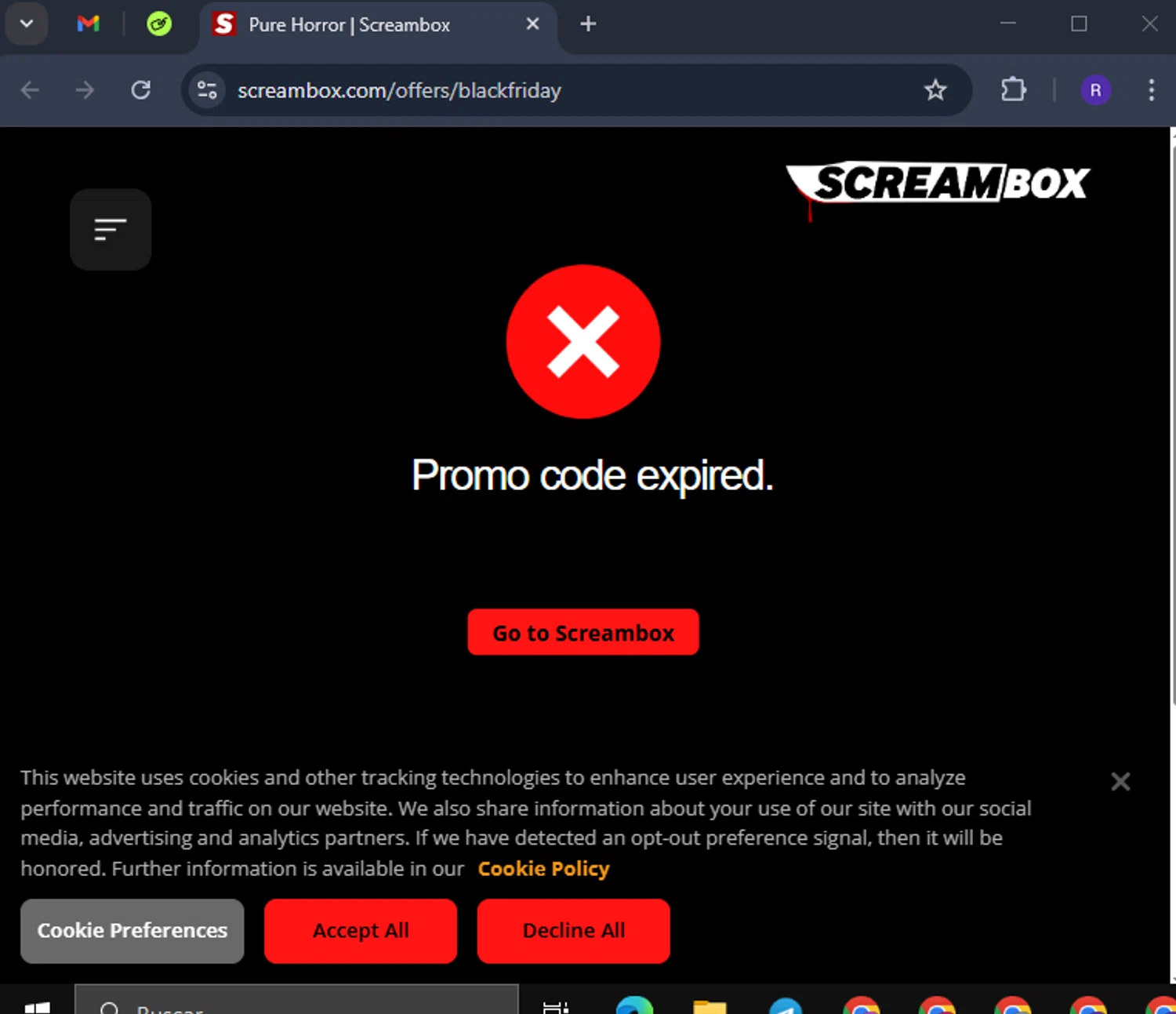 Screambox promo code screenshot showing code blackfriday applied at Screambox checkout page. Uploaded by SimplyCodes community member CashCollector4199 on Mar 16, 2025