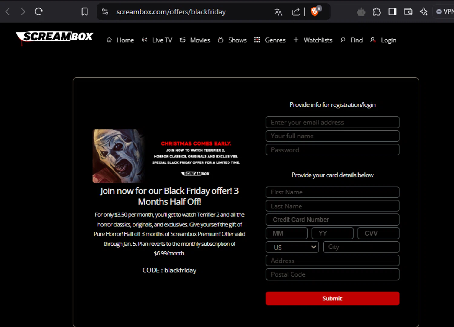 Screambox checkout page showing Screambox promo code box | Screenshot taken by SimplyCodes community member on Jan 2, 2025