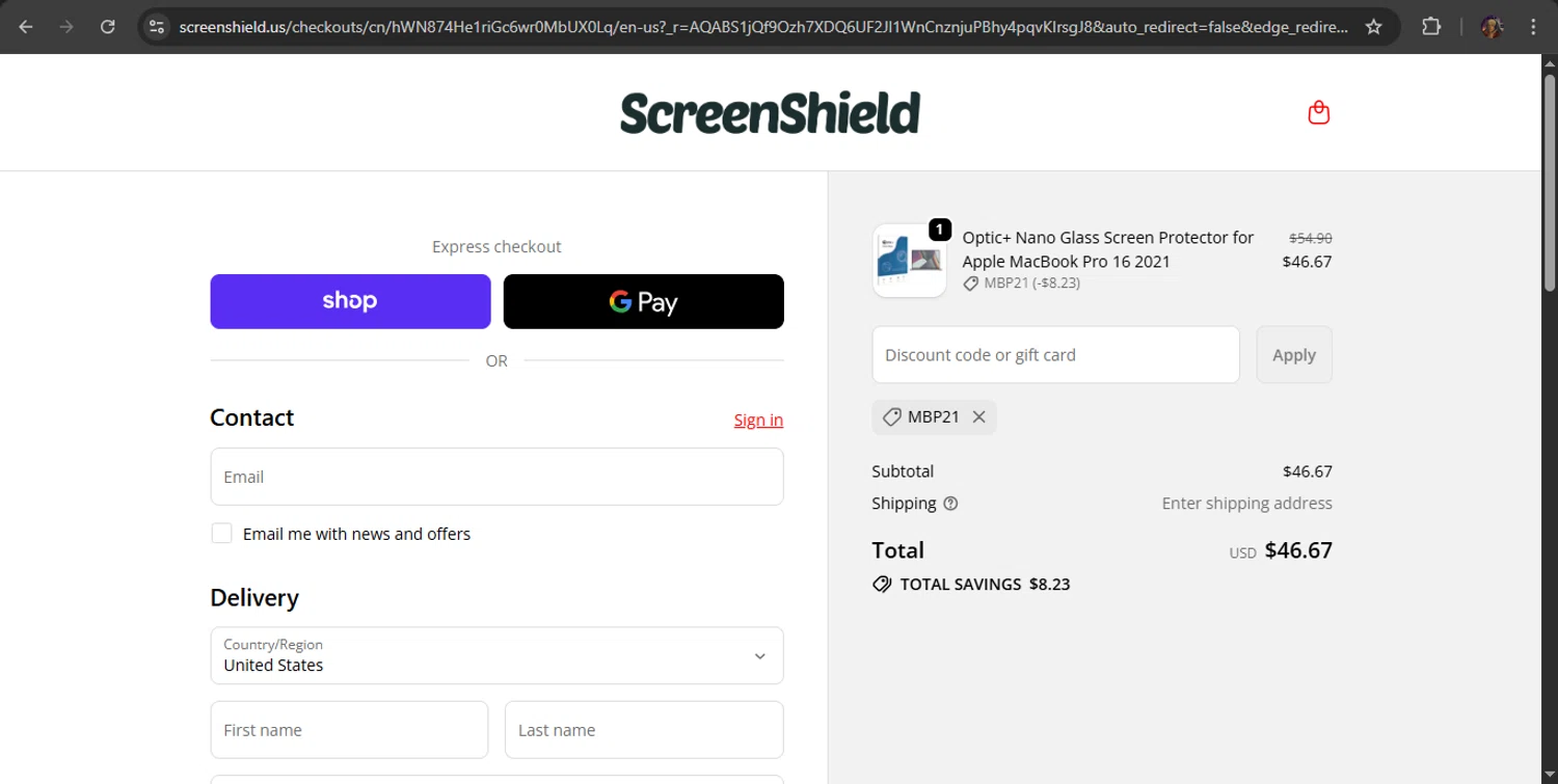 ScreenShield checkout page showing ScreenShield discount code box | Screenshot taken by SimplyCodes community member on Jan 28, 2026
