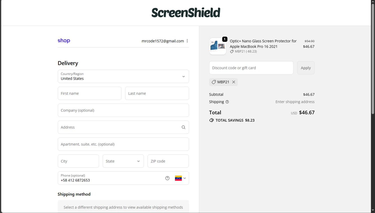 ScreenShield discount code screenshot showing code MBP21 applied at ScreenShield checkout page. Uploaded by SimplyCodes community member tokiio on Nov 12, 2025