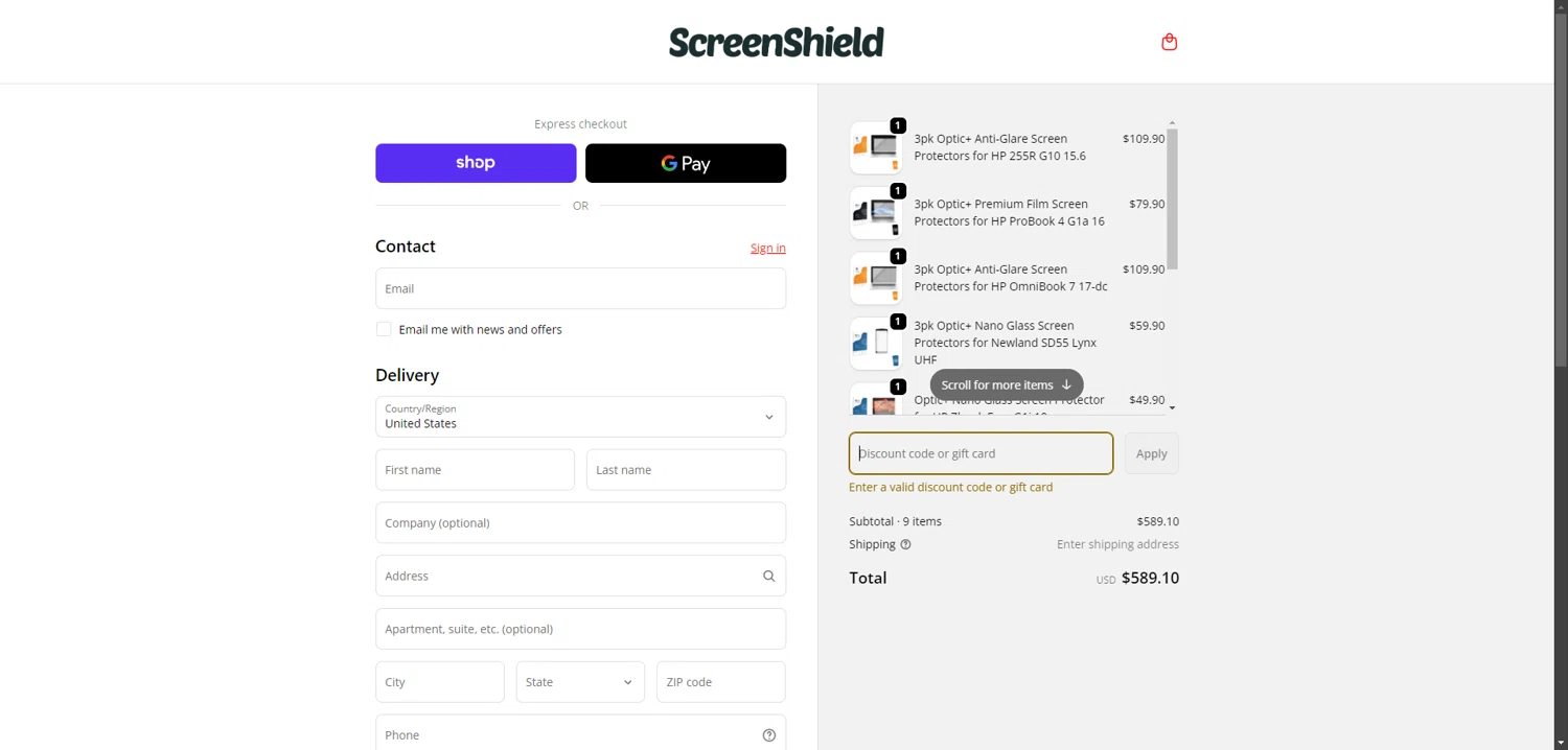 ScreenShield discount code screenshot showing code 15OFFSEP applied at ScreenShield checkout page. Uploaded by SimplyCodes community member CrownBoss2710 on Feb 9, 2026