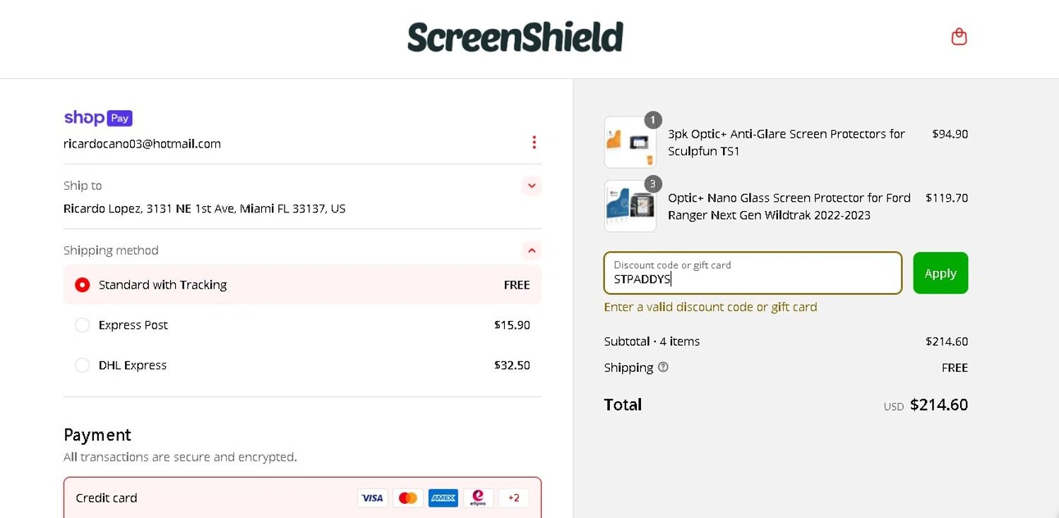ScreenShield discount code screenshot showing code STPADDYS applied at ScreenShield checkout page. Uploaded by SimplyCodes community member LAMINEJAMAL on Apr 9, 2025