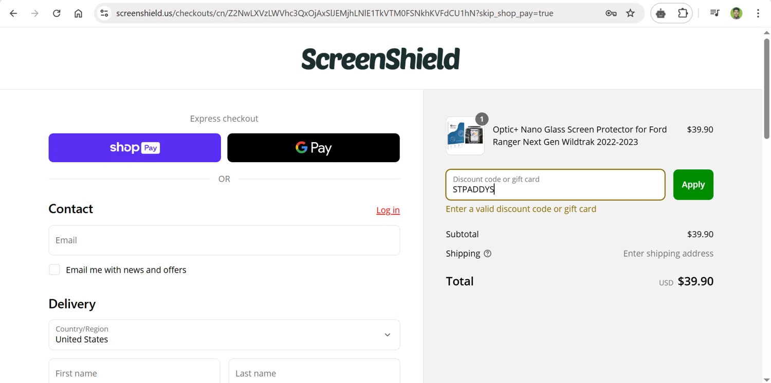 ScreenShield discount code screenshot showing code STPADDYS applied at ScreenShield checkout page. Uploaded by SimplyCodes community member CleverPilot4885 on Apr 9, 2025