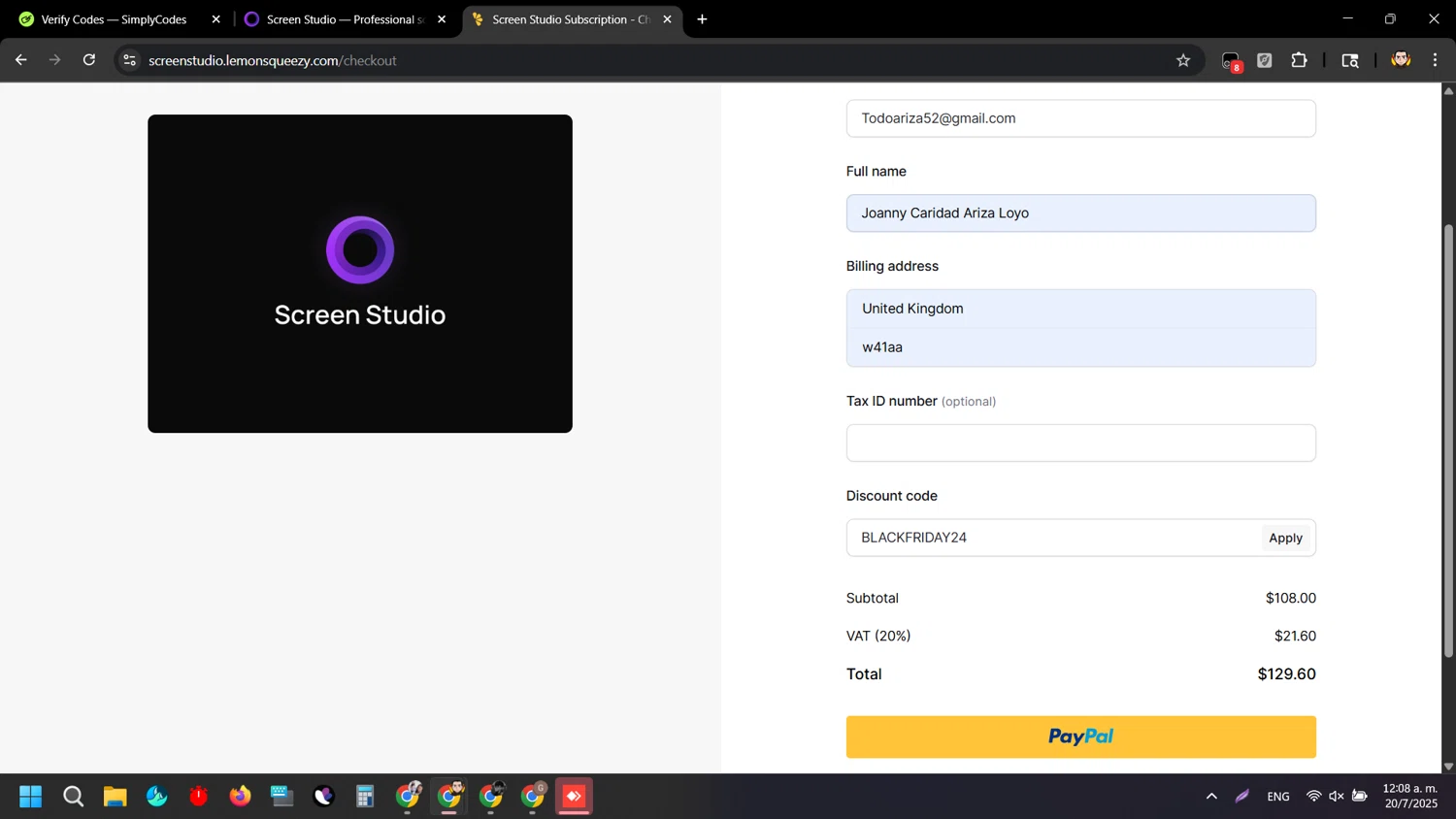 Screen Studio discount code screenshot showing code BLACKFRIDAY24 applied at Screen Studio checkout page. Uploaded by SimplyCodes community member ArizaJuan on Jul 20, 2025