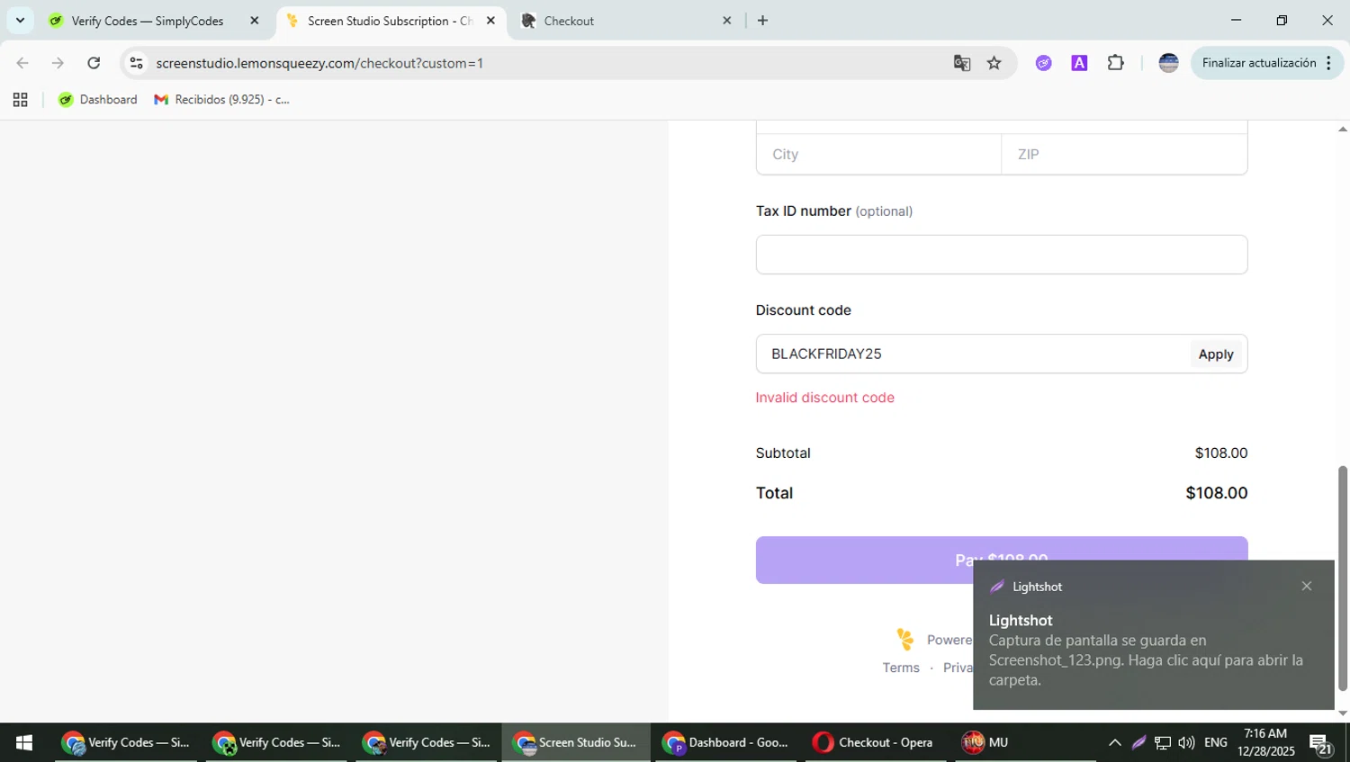 Screen Studio discount code screenshot showing code BLACKFRIDAY25 applied at Screen Studio checkout page. Uploaded by SimplyCodes community member Typhlosion on Dec 28, 2025