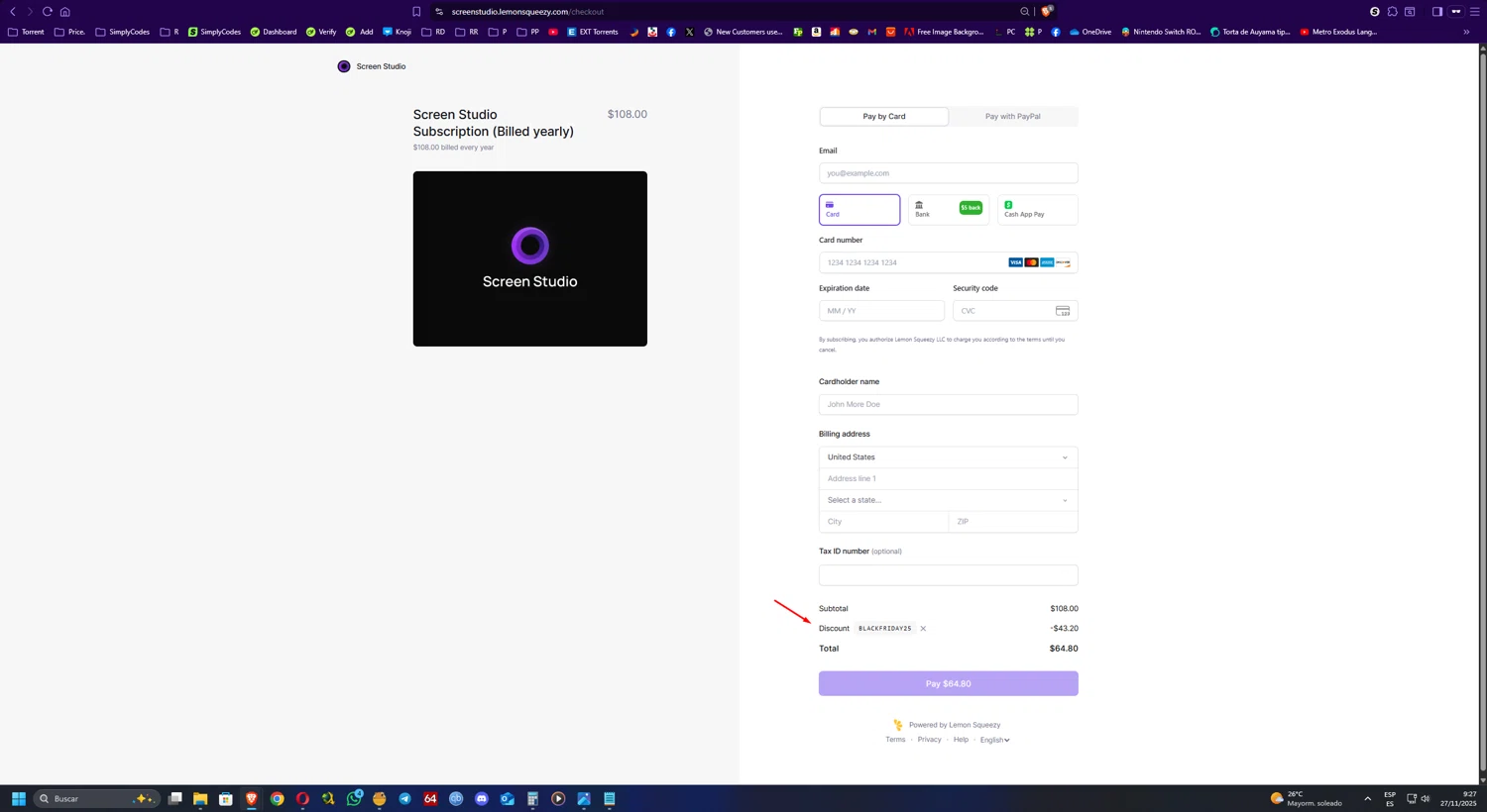 Screen Studio discount code screenshot showing code BLACKFRIDAY25 applied at Screen Studio checkout page. Uploaded by SimplyCodes community member UnkNownVnzla on Nov 27, 2025