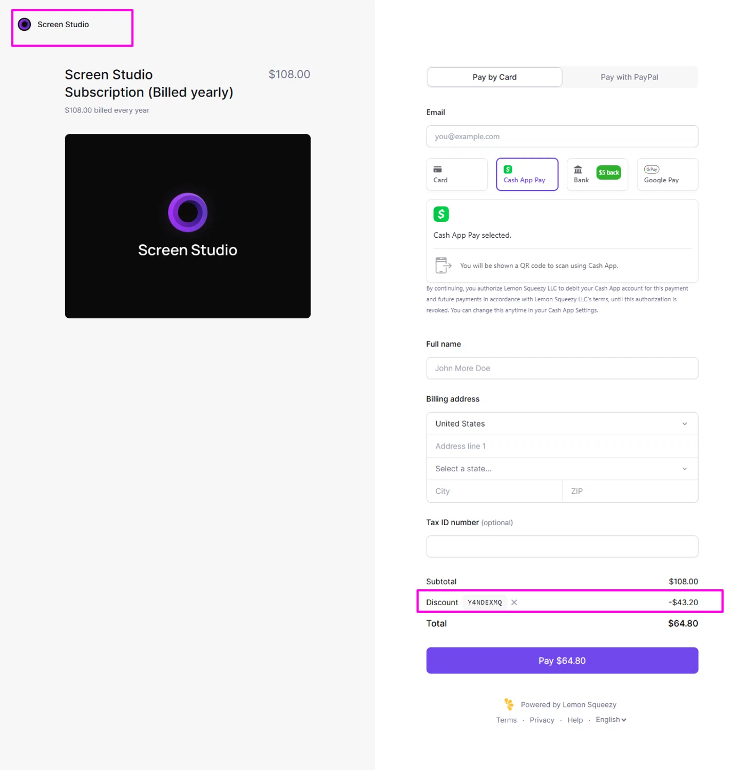 Screen Studio discount code screenshot showing code Y4NDEXMQ applied at Screen Studio checkout page. Uploaded by SimplyCodes community member mrdarcy on Dec 2, 2025