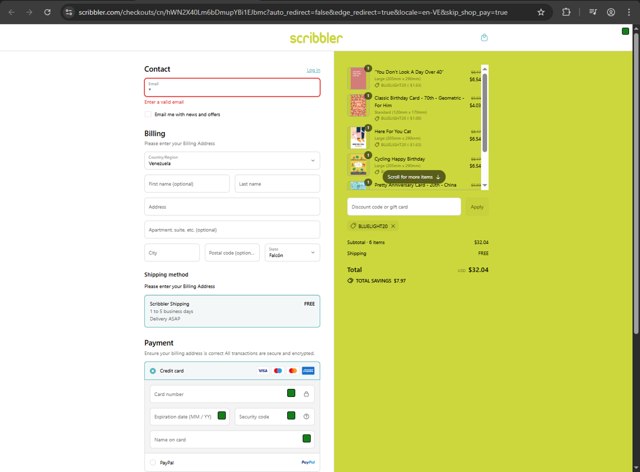 Scribbler checkout page showing Scribbler discount code box | Screenshot taken by SimplyCodes community member on Sep 3, 2025