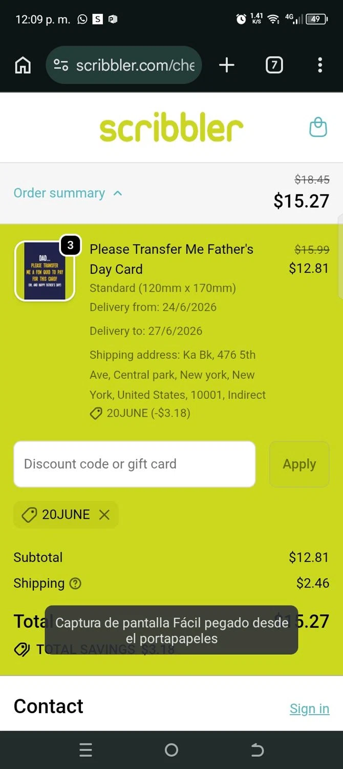 Scribbler promo code screenshot showing code 20JUNE applied at Scribbler checkout page. Uploaded by SimplyCodes community member kellymoreno on Jun 15, 2026