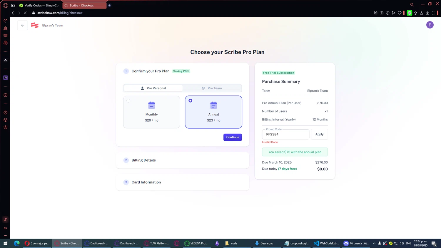 Scribe promo code screenshot showing code PFS384 applied at Scribe checkout page. Uploaded by SimplyCodes community member ALCUPONE on Mar 3, 2025