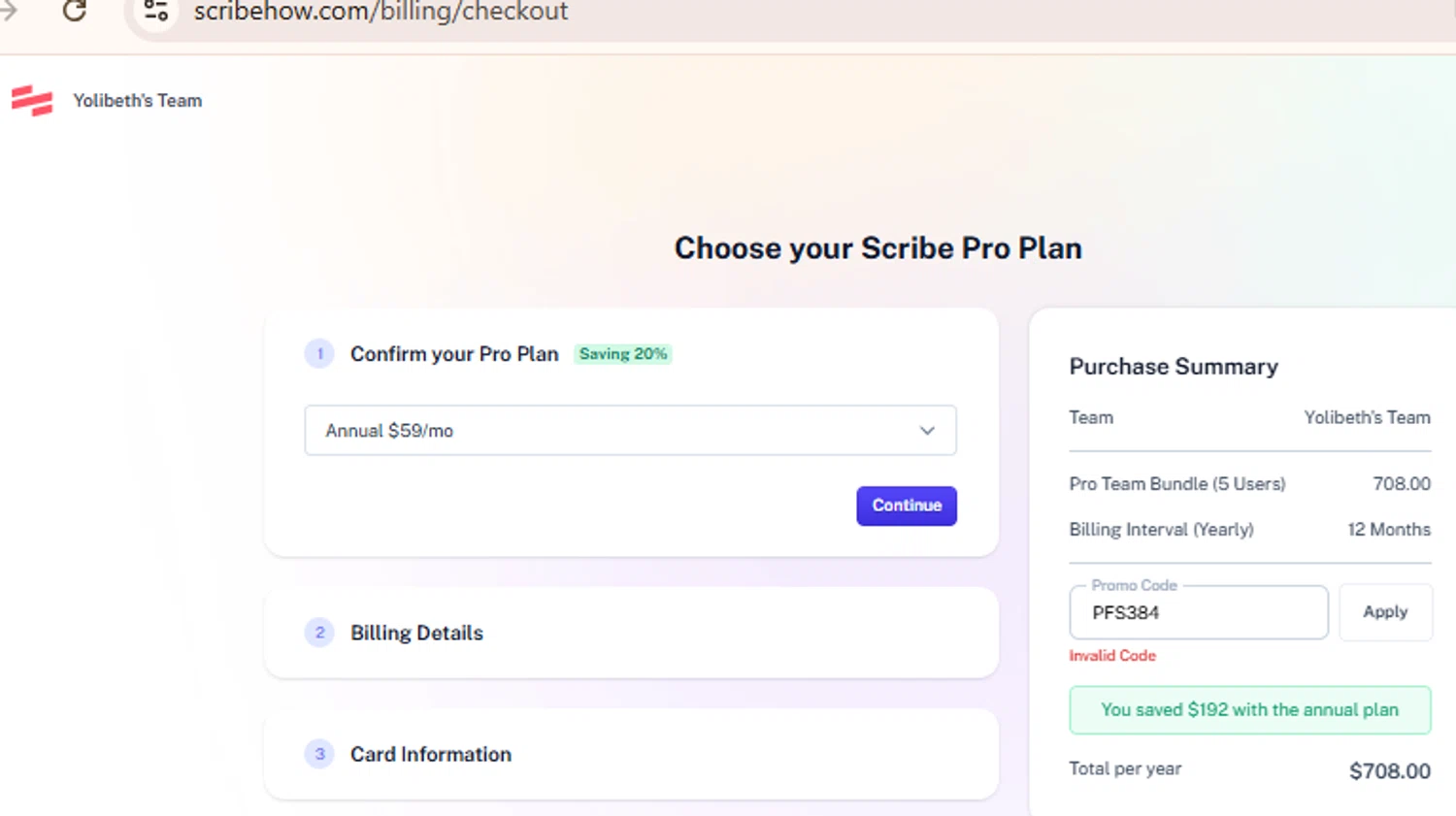 Scribe promo code screenshot showing code PFS384 applied at Scribe checkout page. Uploaded by SimplyCodes community member BudgetLion5814 on Mar 13, 2025