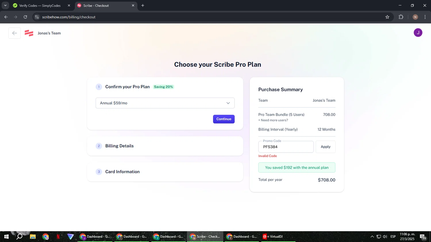 Scribe promo code screenshot showing code PFS384 applied at Scribe checkout page. Uploaded by SimplyCodes community member DiscountPioneer2554 on Mar 28, 2025