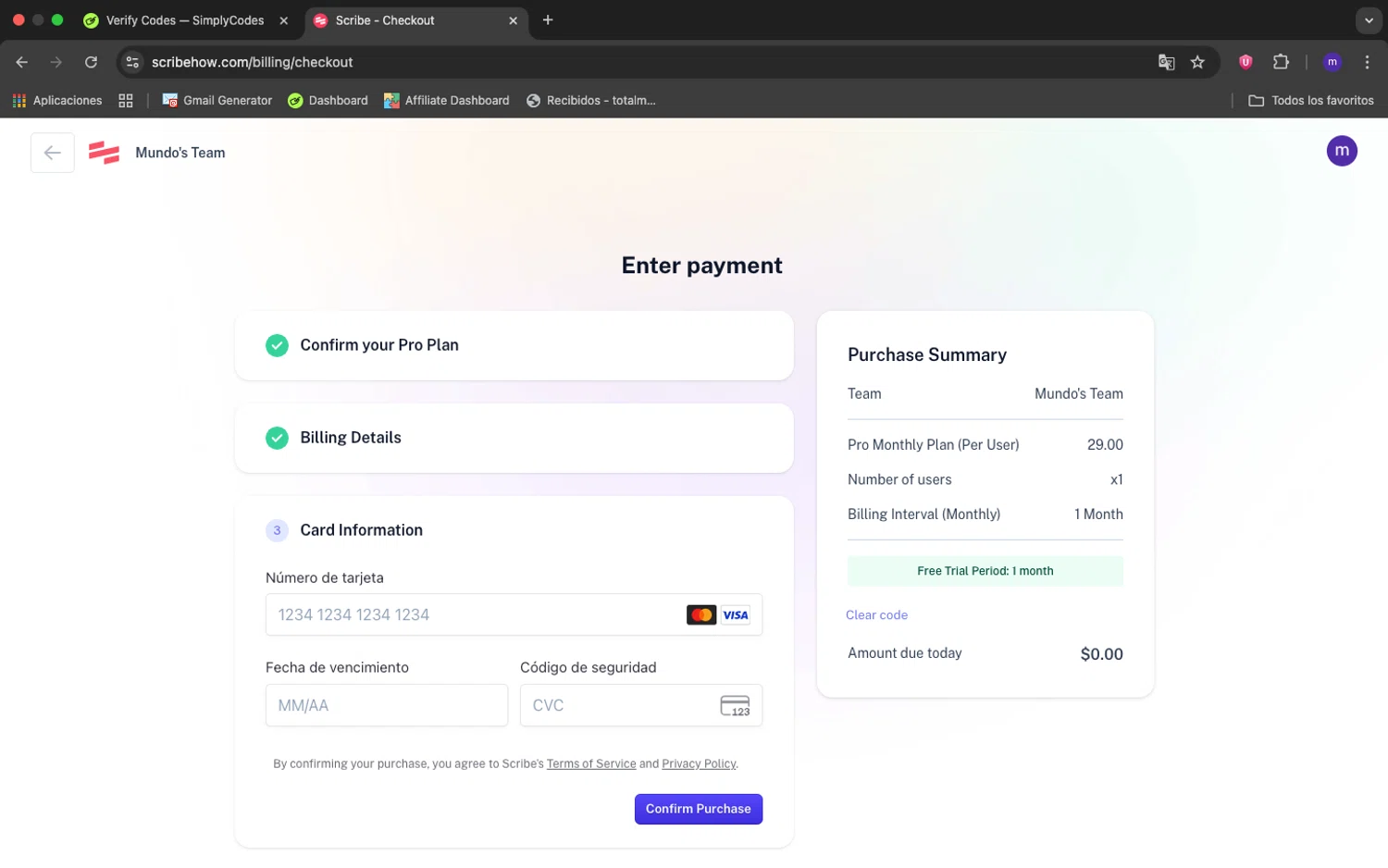 Scribe checkout page showing Scribe promo code box | Screenshot taken by SimplyCodes community member on Aug 21, 2025