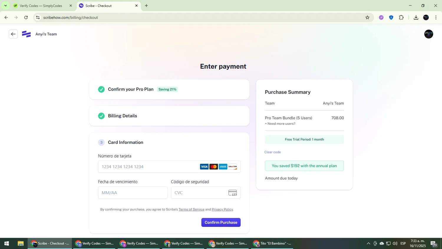 Scribe promo code screenshot showing code PRO3945 applied at Scribe checkout page. Uploaded by SimplyCodes community member CarmenVGR on Nov 16, 2025