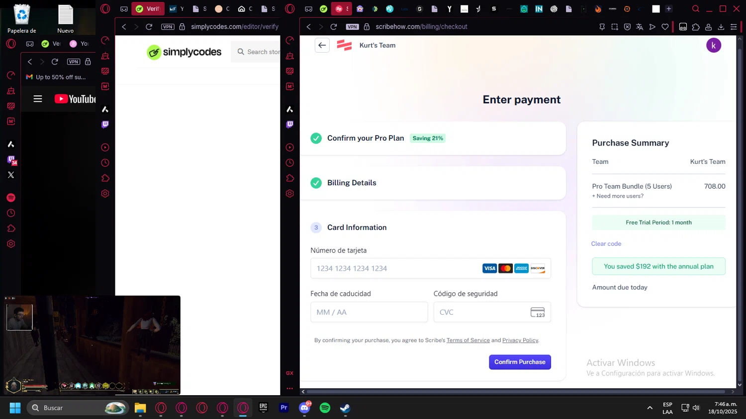 Scribe promo code screenshot showing code PRO3945 applied at Scribe checkout page. Uploaded by SimplyCodes community member Handivlak on Oct 18, 2025