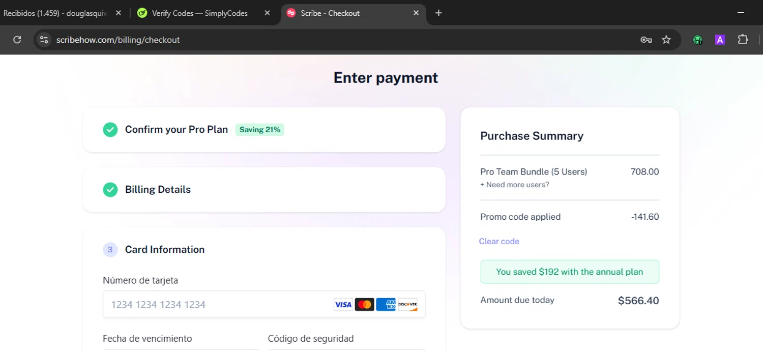 Scribe checkout page showing Scribe promo code box | Screenshot taken by SimplyCodes community member on Sep 20, 2025