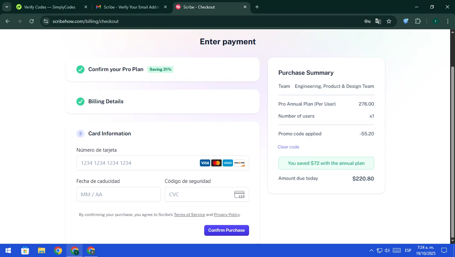 Scribe promo code screenshot showing code david20 applied at Scribe checkout page. Uploaded by SimplyCodes community member rodri1 on Oct 19, 2025