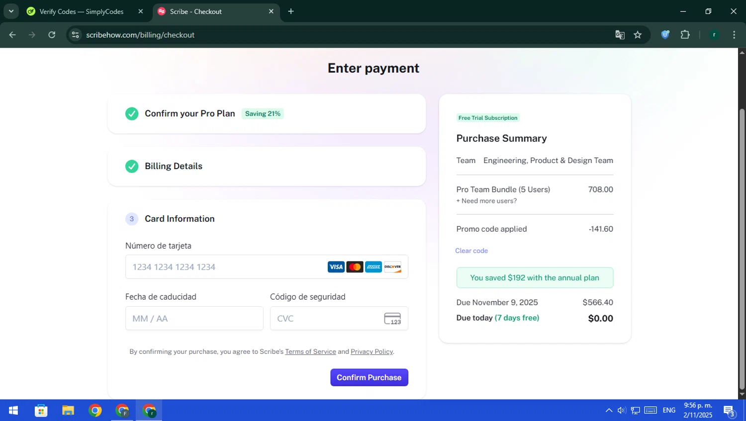Scribe promo code screenshot showing code david20 applied at Scribe checkout page. Uploaded by SimplyCodes community member rodri1 on Nov 3, 2025