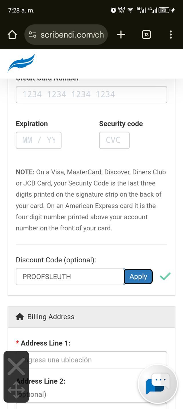 Scribendi checkout page showing Scribendi discount code box | Screenshot taken by SimplyCodes community member on Jul 30, 2025