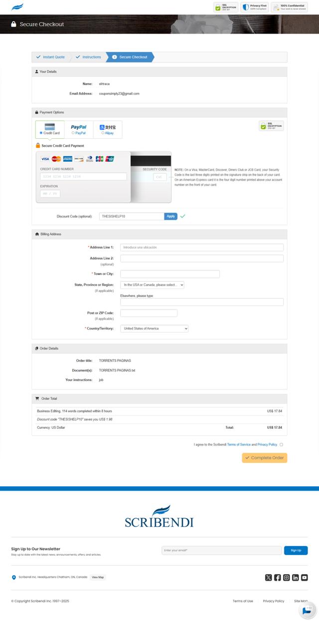 Scribendi checkout page showing Scribendi discount code box | Screenshot taken by SimplyCodes community member on Aug 2, 2025