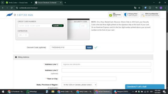 Scribendi checkout page showing Scribendi discount code box | Screenshot taken by SimplyCodes community member on Jun 5, 2025
