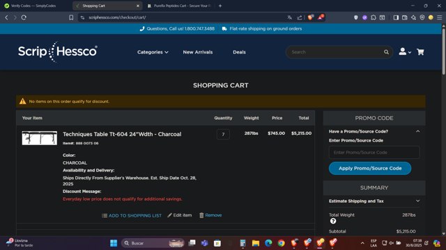 ScripHessco checkout page showing ScripHessco promo code box | Screenshot taken by SimplyCodes community member on Aug 30, 2025