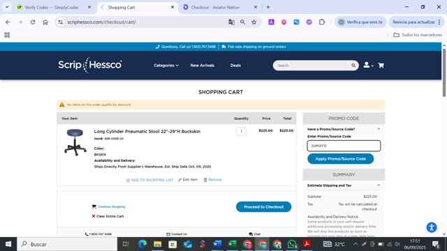 ScripHessco checkout page showing ScripHessco promo code box | Screenshot taken by SimplyCodes community member on Sep 6, 2025