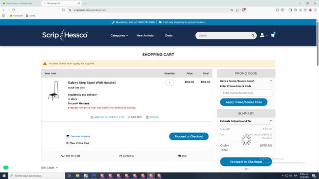 ScripHessco checkout page showing ScripHessco promo code box | Screenshot taken by SimplyCodes community member on Aug 27, 2025