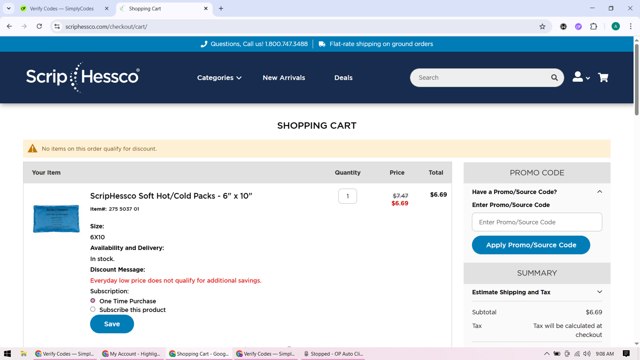 ScripHessco checkout page showing ScripHessco promo code box | Screenshot taken by SimplyCodes community member on Sep 4, 2025