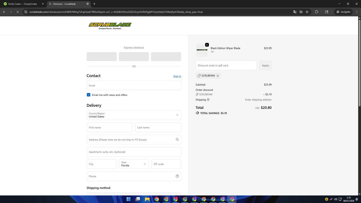 Scrubblade checkout page showing Scrubblade discount code box | Screenshot taken by SimplyCodes community member on Jan 8, 2026
