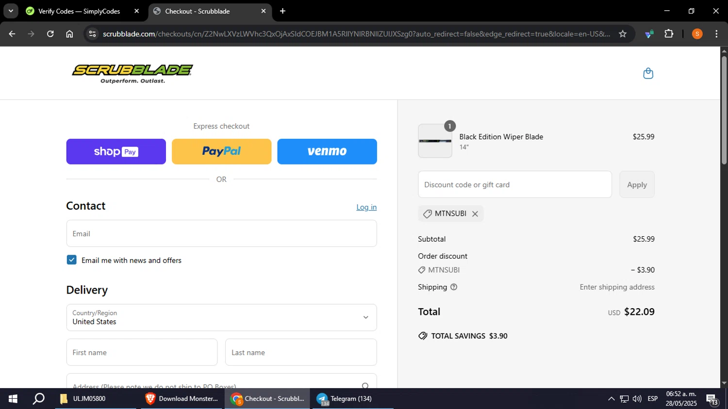 Scrubblade discount code screenshot showing code MTNSUBI applied at Scrubblade checkout page. Uploaded by SimplyCodes community member StevenZarraga on May 28, 2025