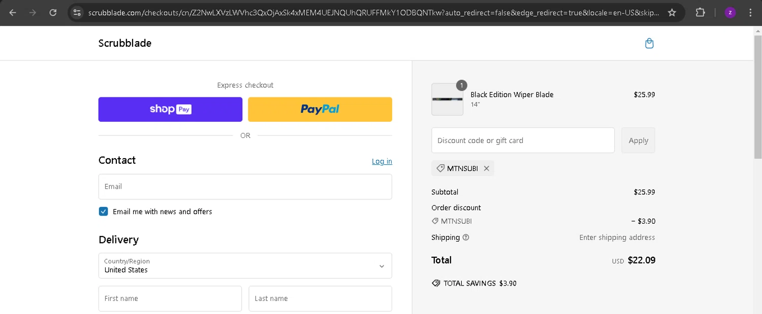 Scrubblade discount code screenshot showing code MTNSUBI applied at Scrubblade checkout page. Uploaded by SimplyCodes community member BonusPro7395 on Feb 26, 2025