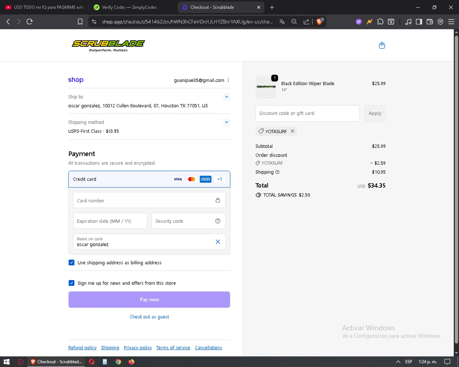 Scrubblade discount code screenshot showing code YOTASURF applied at Scrubblade checkout page. Uploaded by SimplyCodes community member mixelis on Oct 3, 2025
