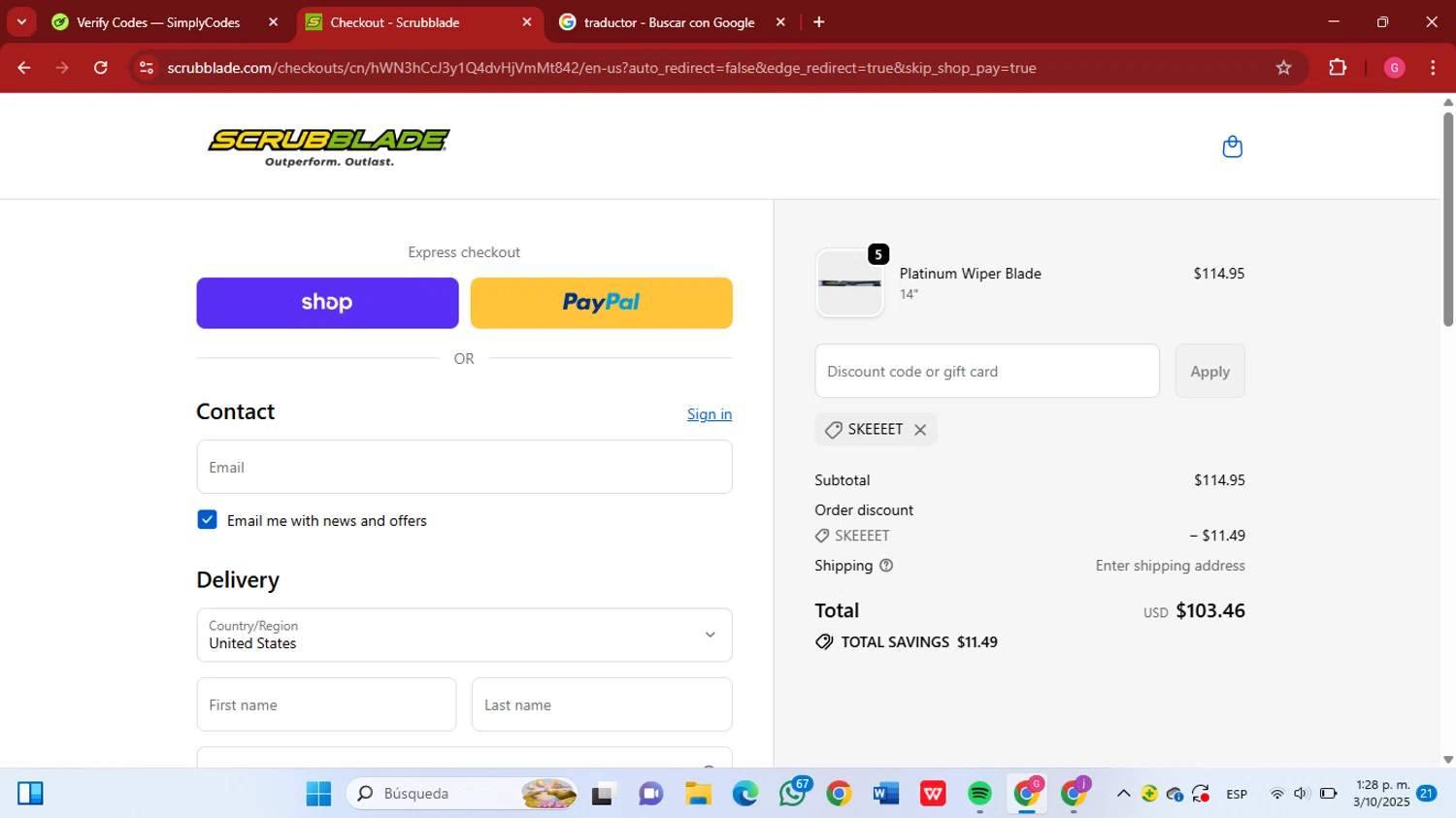 Scrubblade discount code screenshot showing code SKEEEET applied at Scrubblade checkout page. Uploaded by SimplyCodes community member GGGilbert on Oct 3, 2025
