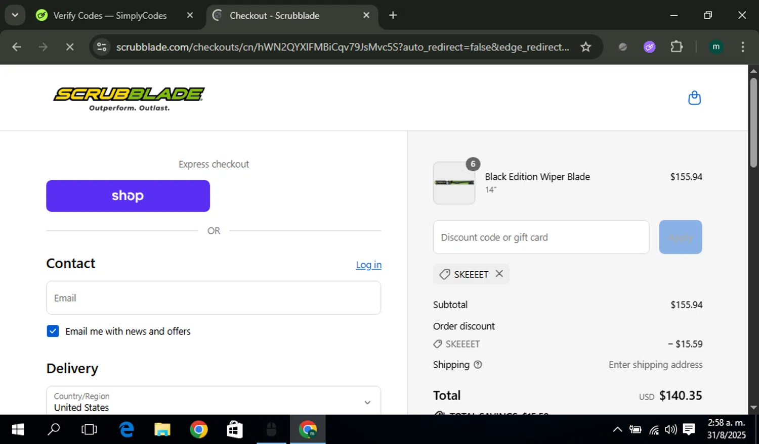 Scrubblade discount code screenshot showing code SKEEEET applied at Scrubblade checkout page. Uploaded by SimplyCodes community member miguel01 on Aug 31, 2025