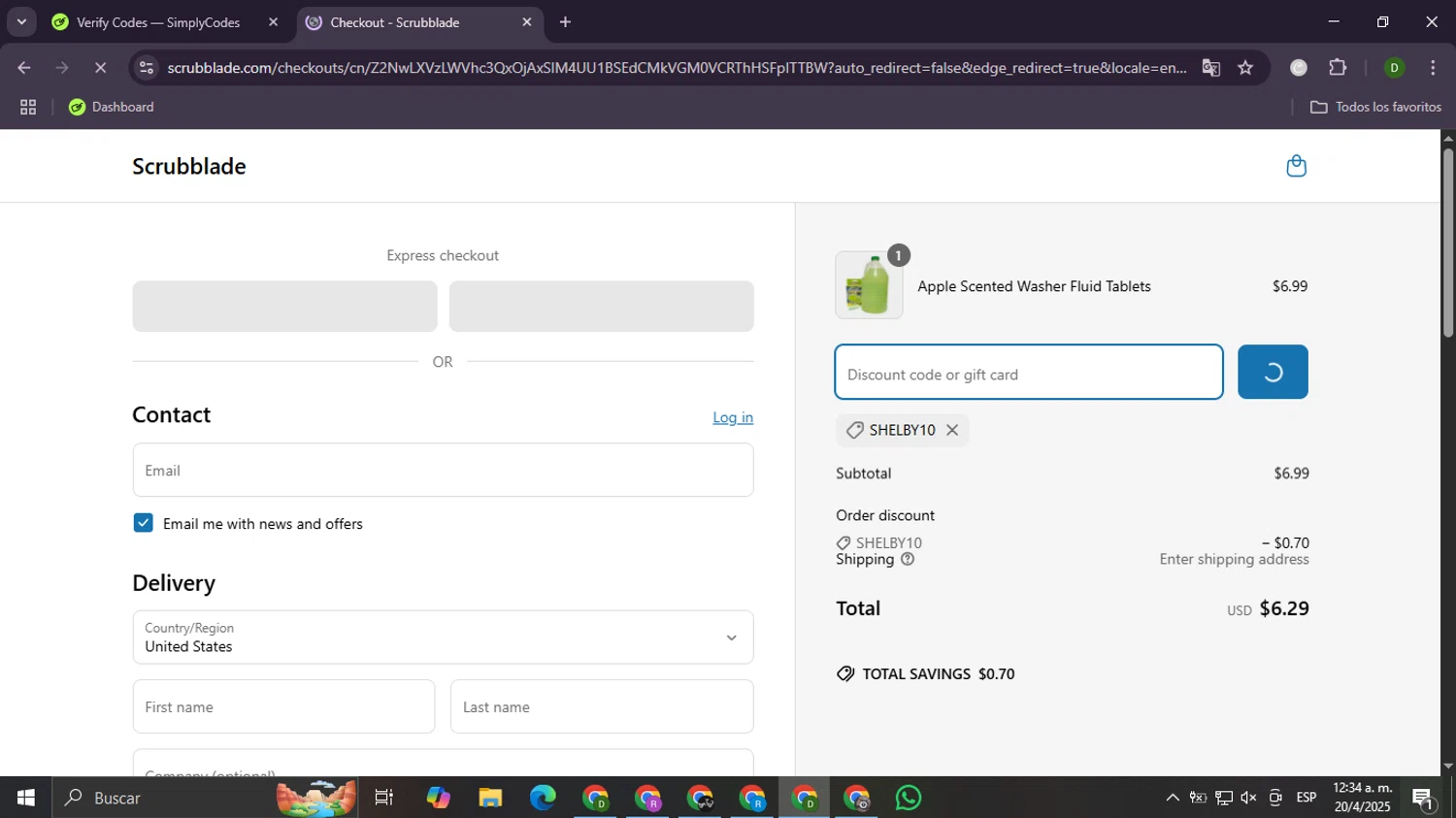 Scrubblade discount code screenshot showing code SHELBY10 applied at Scrubblade checkout page. Uploaded by SimplyCodes community member Daemon06 on Apr 20, 2025