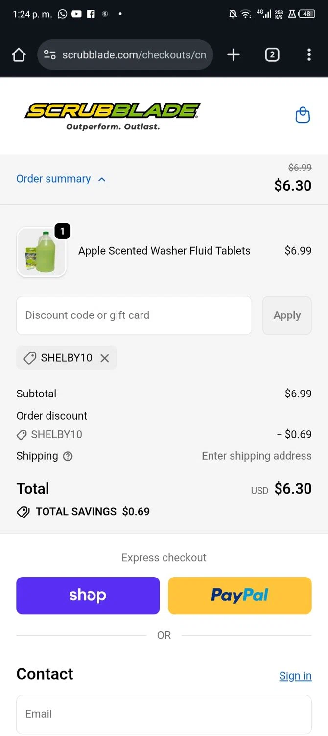 Scrubblade discount code screenshot showing code SHELBY10 applied at Scrubblade checkout page. Uploaded by SimplyCodes community member Sasuk3 on Oct 3, 2025