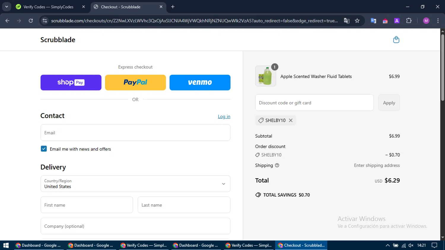 Scrubblade discount code screenshot showing code SHELBY10 applied at Scrubblade checkout page. Uploaded by SimplyCodes community member MightyTracker1549 on Apr 8, 2025