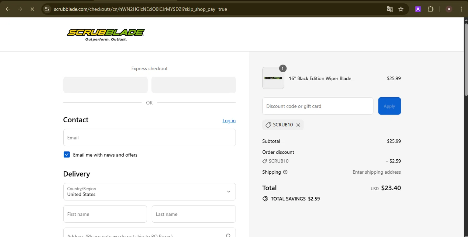 Scrubblade discount code screenshot showing code SCRUB10 applied at Scrubblade checkout page. Uploaded by SimplyCodes community member GoldCurator1773 on Aug 27, 2025