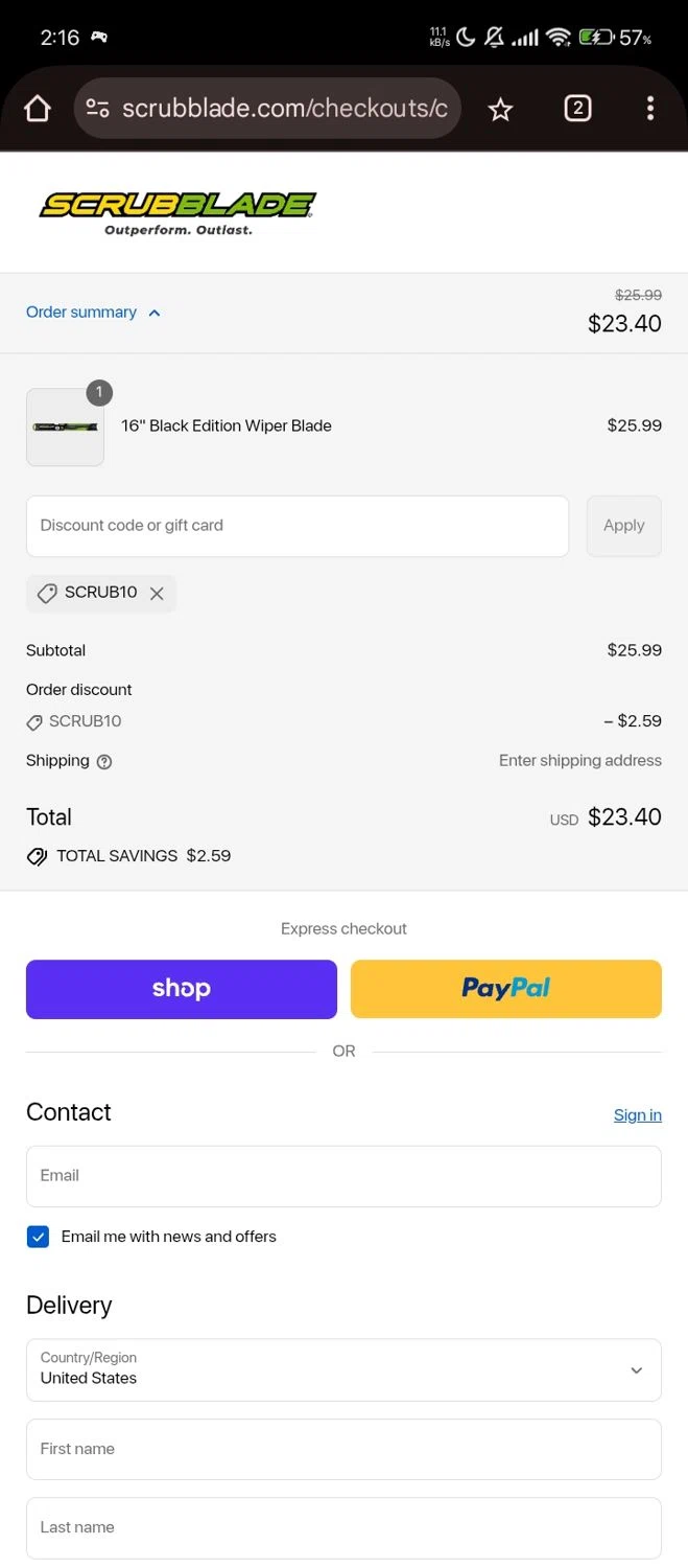 Scrubblade discount code screenshot showing code SCRUB10 applied at Scrubblade checkout page. Uploaded by SimplyCodes community member RebateShopper5497 on Sep 12, 2025