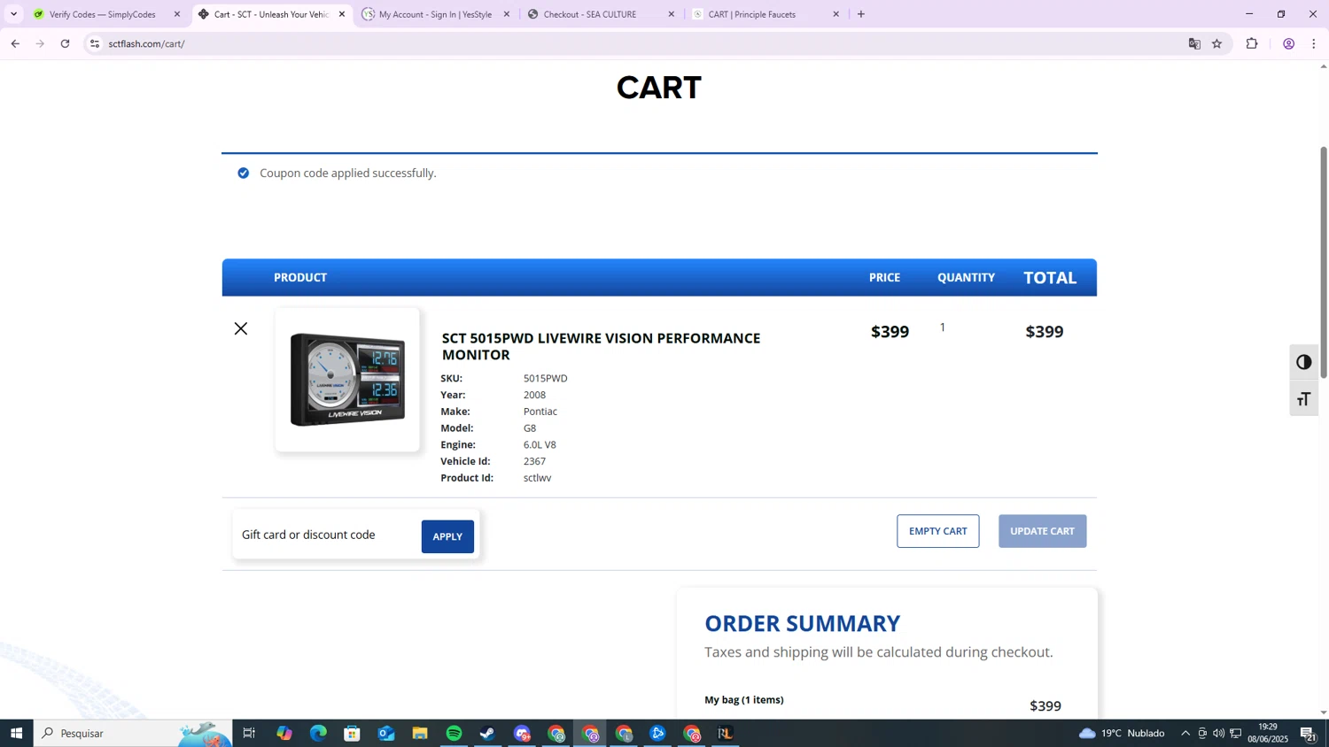 SCT Flash promo code screenshot showing code WELCOME10 applied at SCT Flash checkout page. Uploaded by SimplyCodes community member SilverMaven6092 on Jun 8, 2025