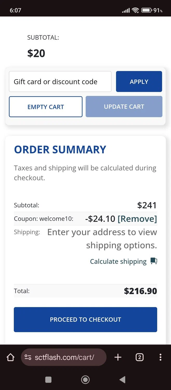 SCT Flash promo code screenshot showing code WELCOME10 applied at SCT Flash checkout page. Uploaded by SimplyCodes community member carlacabrera1 on May 25, 2025