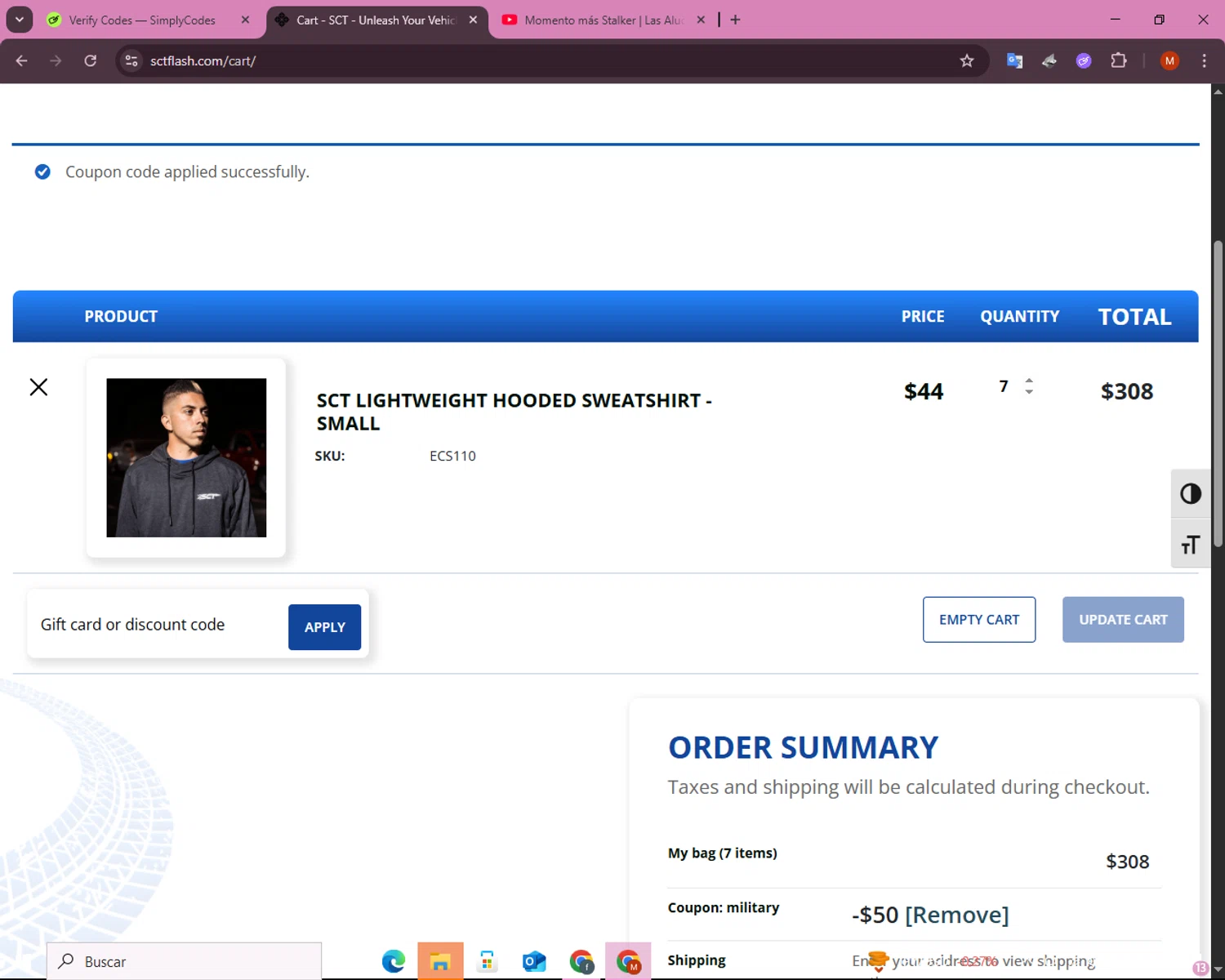 SCT Flash promo code screenshot showing code MILITARY applied at SCT Flash checkout page. Uploaded by SimplyCodes community member lacriatura on May 25, 2025