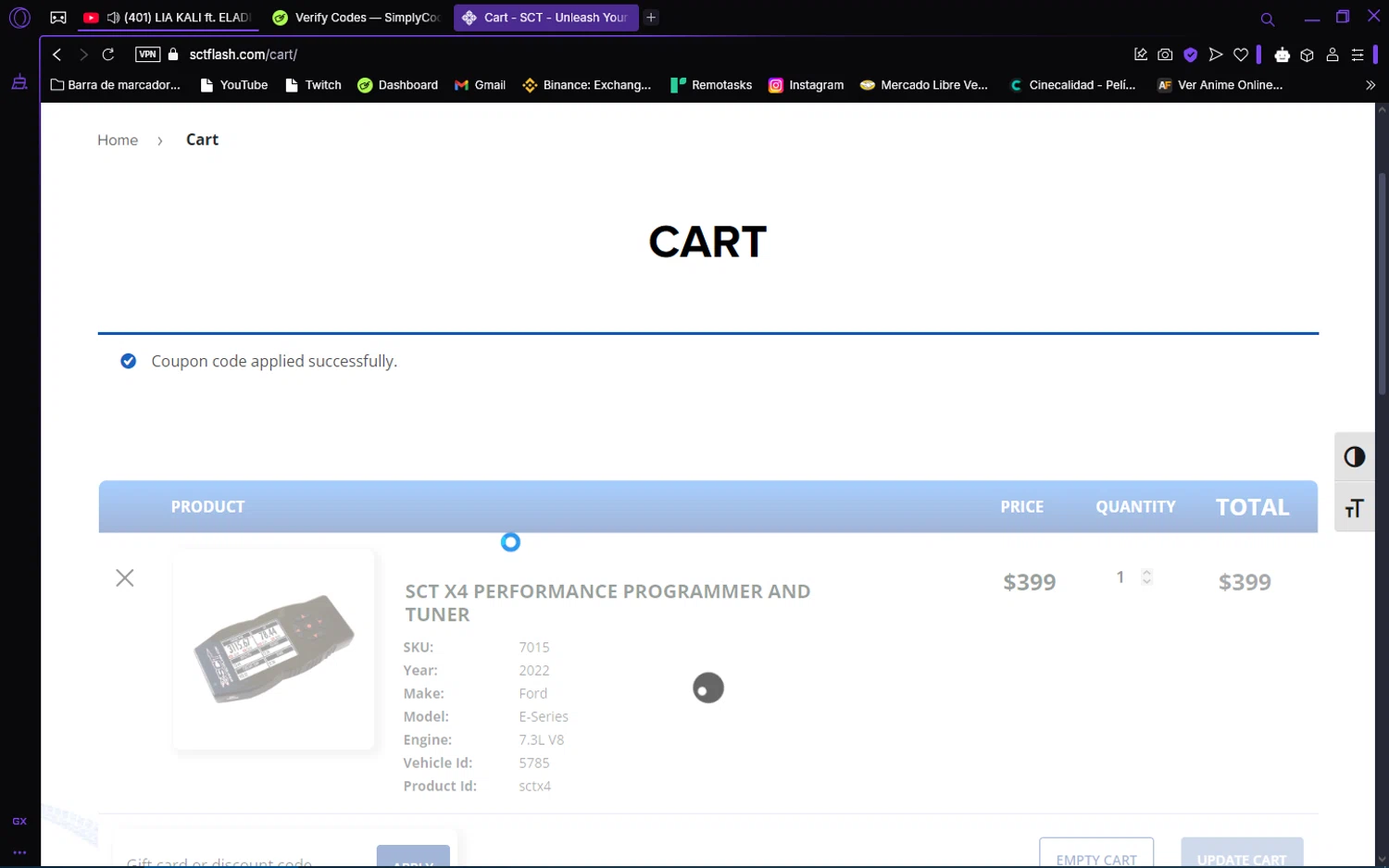 SCT Flash checkout page showing SCT Flash promo code box | Screenshot taken by SimplyCodes community member on Mar 6, 2025